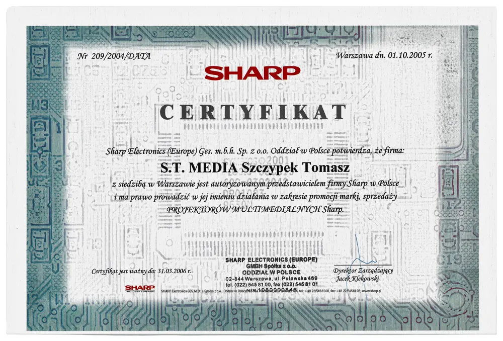 Certyfikat dla S.T.Media Sharp2005