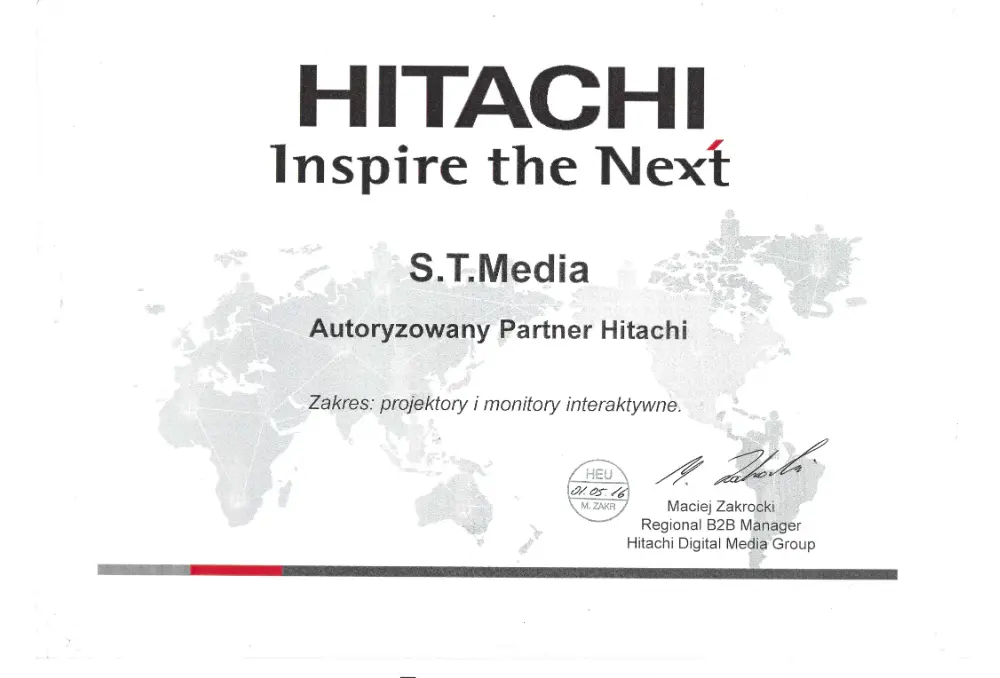 Certyfikat dla S.T.Media Hitachi 2016