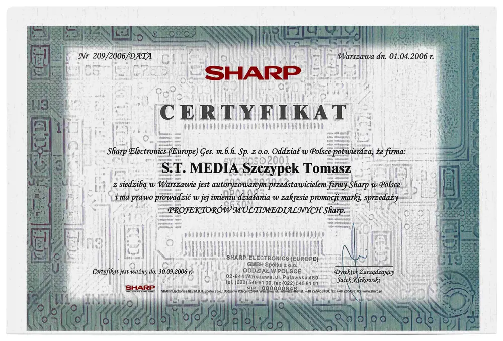 Certyfikat dla S.T.Media Sharp 2006