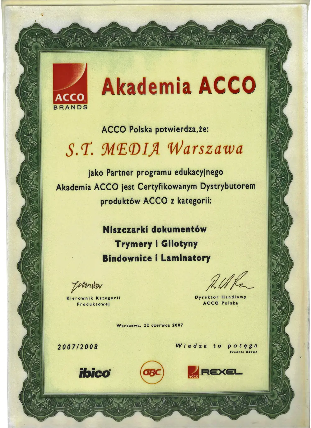 Certyfikat dla S.T.Media Acco 2007