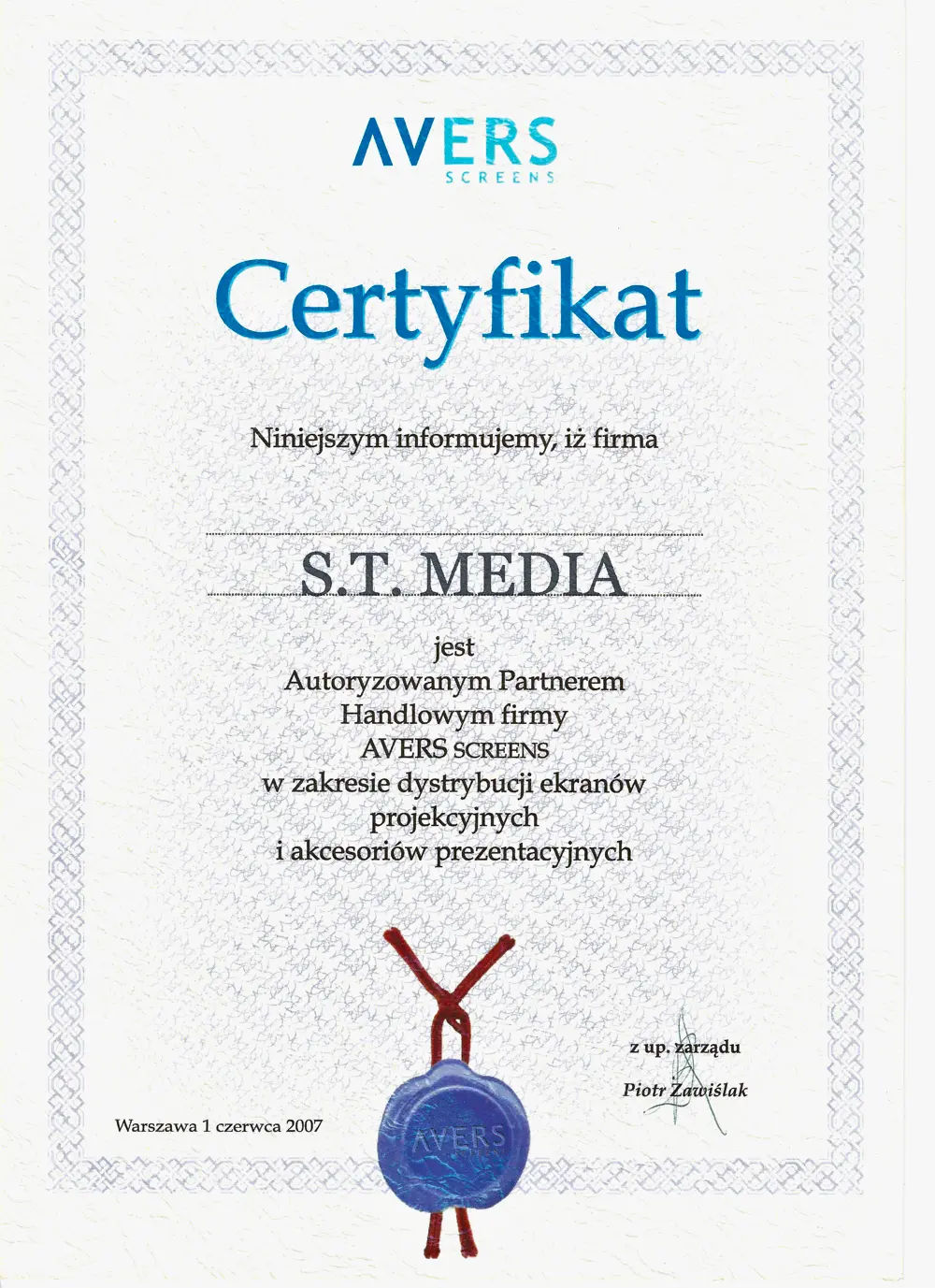 Certyfikat dla S.T.Media Avers 2007