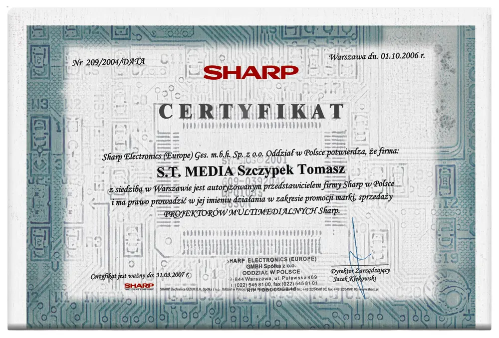 Certyfikat dla S.T.Media Sharp 2007