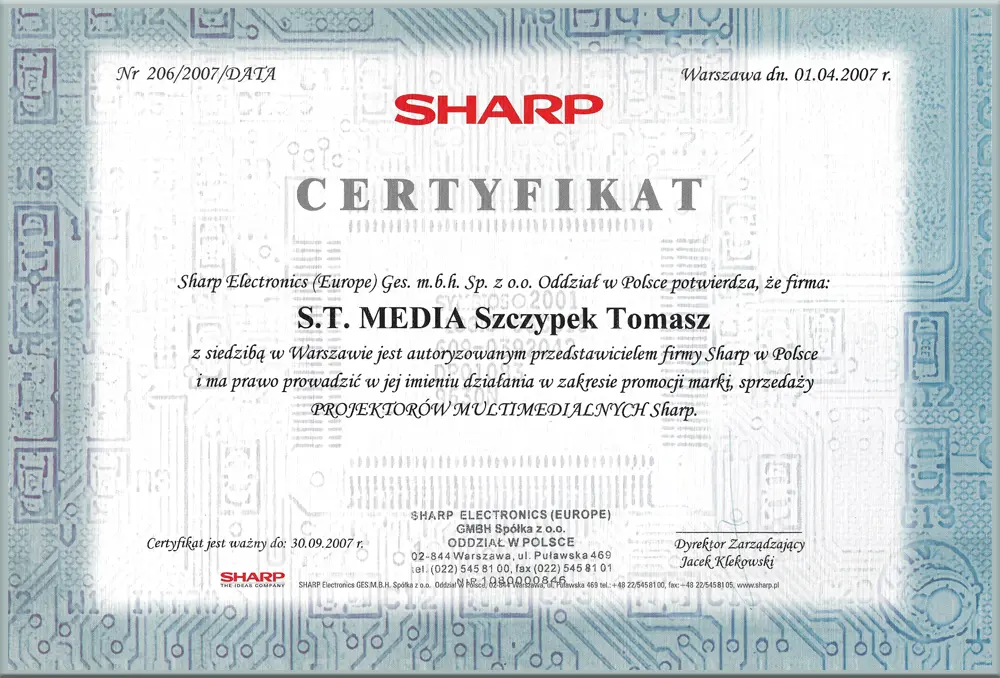 Certyfikat dla S.T.Media Sharp 2007
