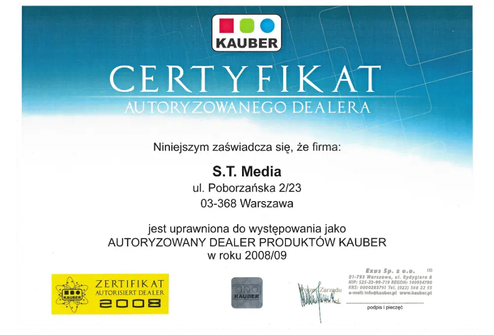 Certyfikat dla S.T.Media Kauber 2008